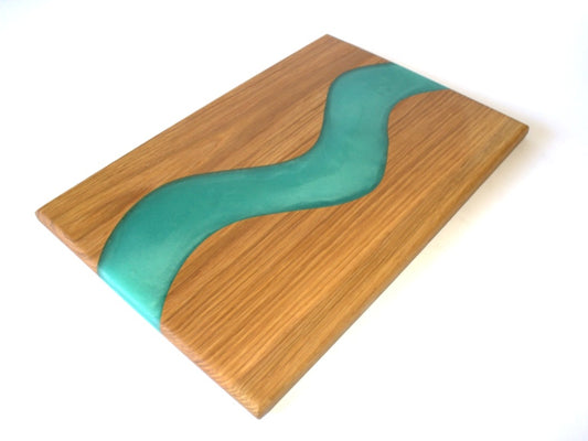 Red Oak Wood Charcuterie/Serving/Cutting Board with Turquoise Stone Epoxy - 15" x 10"