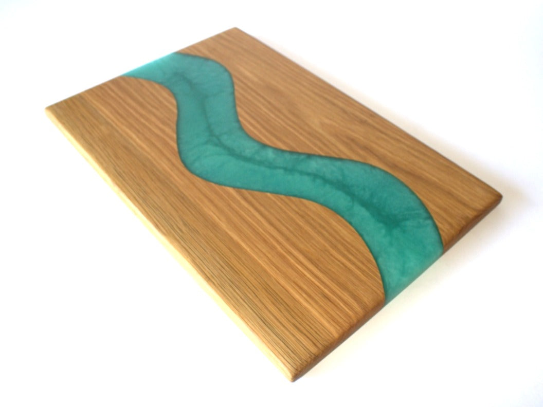 Red Oak Wood Charcuterie/Serving/Cutting Board with Turquoise Stone Epoxy - 15" x 10"