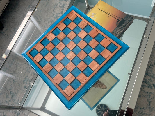 Red Grandis Wood with Blue de France Epoxy Chess Board - 13" x 13"