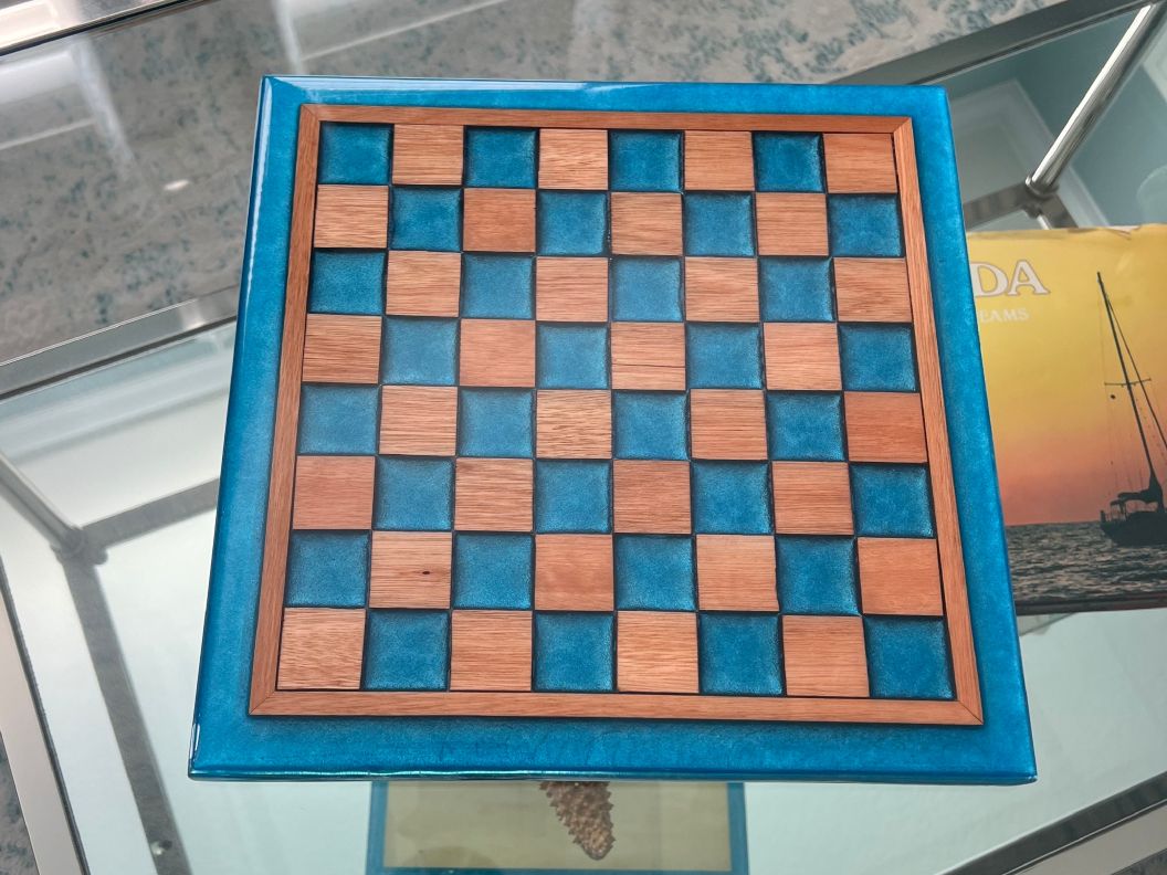 Red Grandis Wood with Blue de France Epoxy Chess Board - 13" x 13"