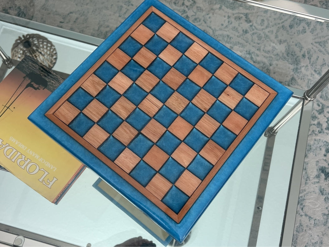 Red Grandis Wood with Blue de France Epoxy Chess Board - 13" x 13"
