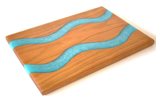 Cherry Wood Charcuterie/Serving Board with Ahoy Blue Epoxy - 13" x 9"