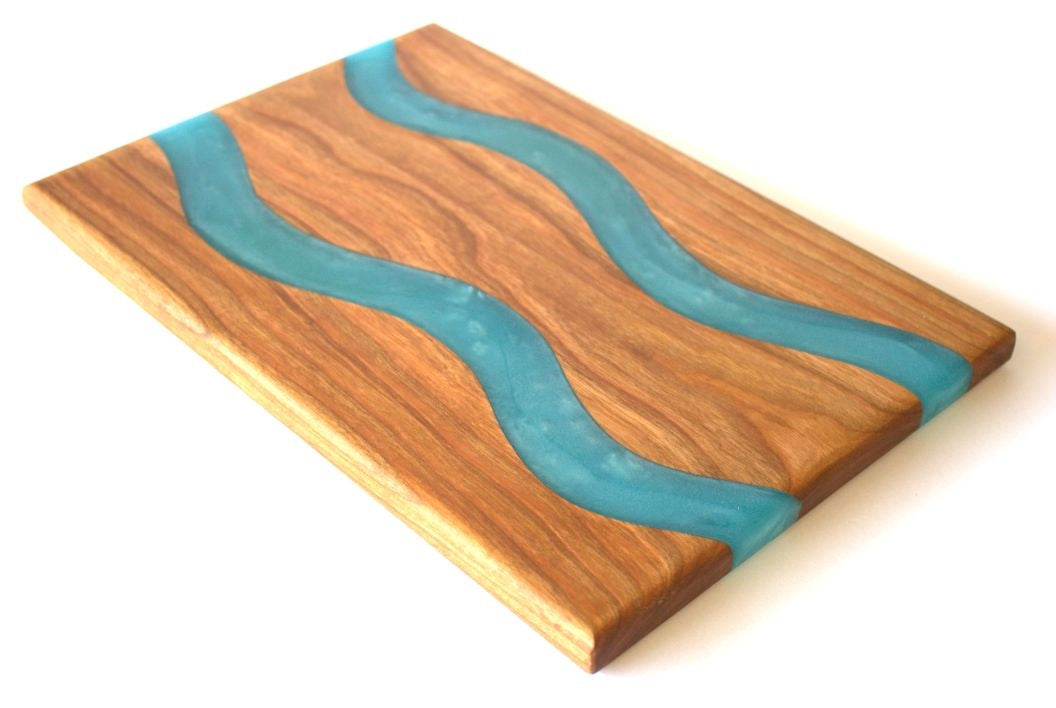 Cherry Wood Charcuterie/Serving Board with Ahoy Blue Epoxy - 13" x 9"