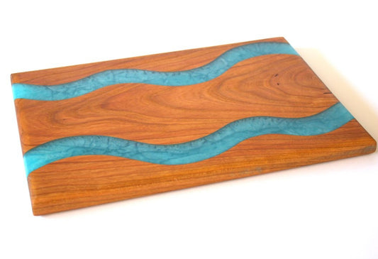 Cherry Wood Charcuterie/Serving Board with Ahoy Blue Epoxy -  12" x 8"