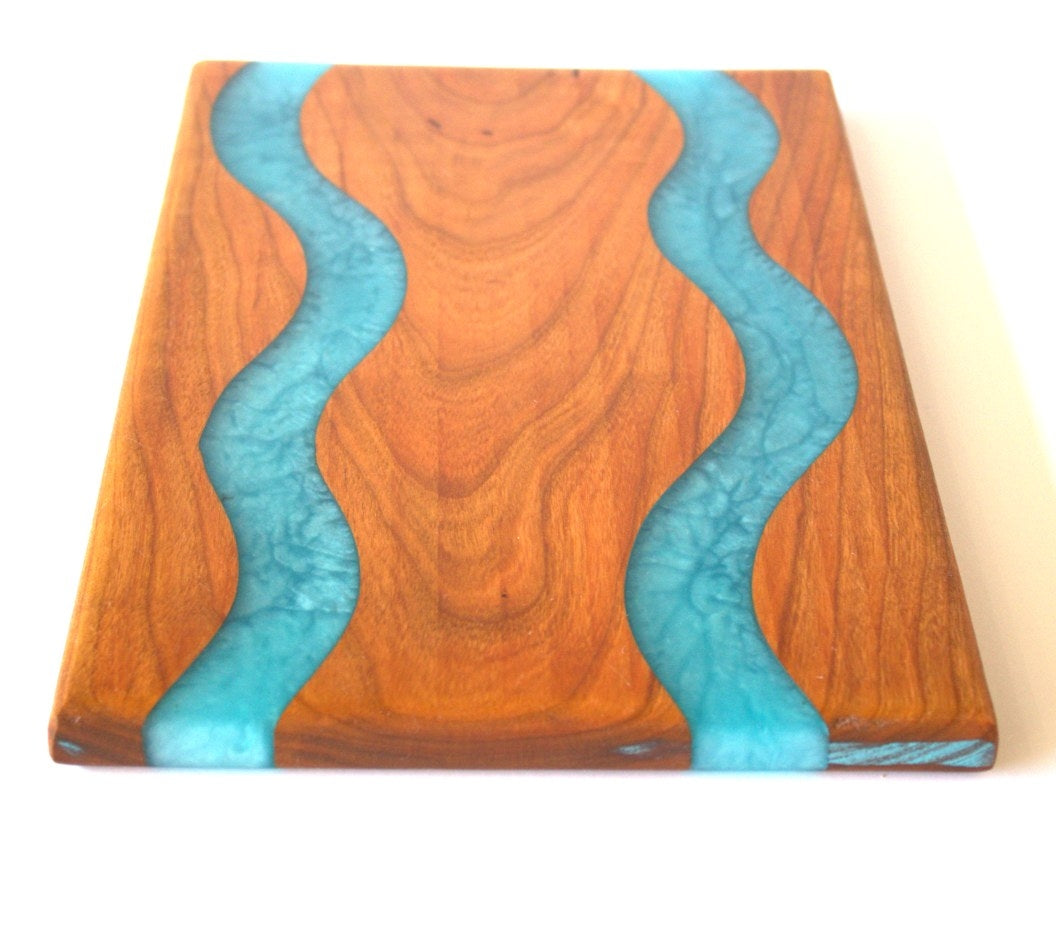 Cherry Wood Charcuterie/Serving Board with Ahoy Blue Epoxy -  12" x 8"