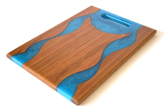 Cherry Wood Charcuterie/Serving Board with Pacific Blue Epoxy - 13" x 9" w/ handle