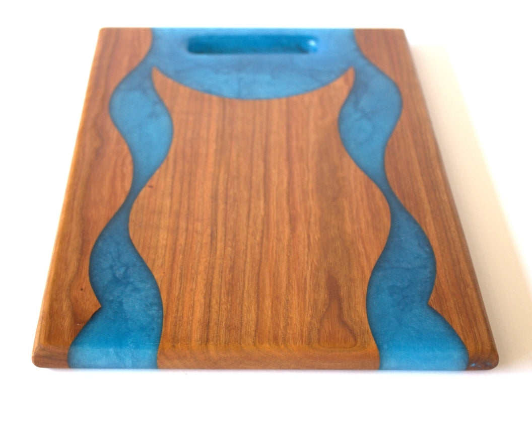 Cherry Wood Charcuterie/Serving Board with Pacific Blue Epoxy - 13" x 9" w/ handle