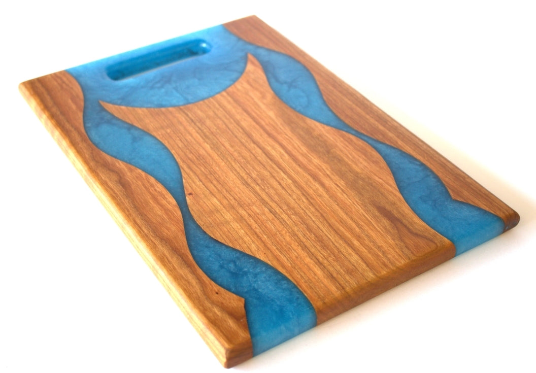 Cherry Wood Charcuterie/Serving Board with Pacific Blue Epoxy - 13" x 9" w/ handle