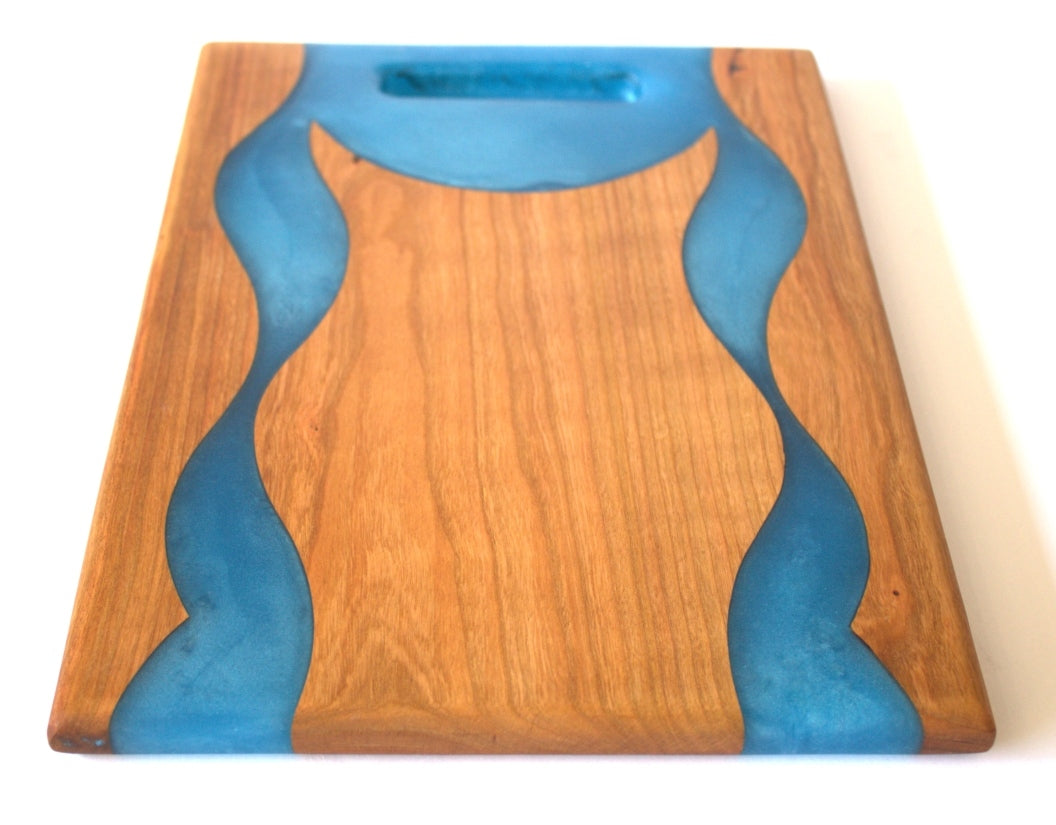 Cherry Wood Charcuterie/Serving Board with Pacific Blue Epoxy - 13" x 9" w/ handle