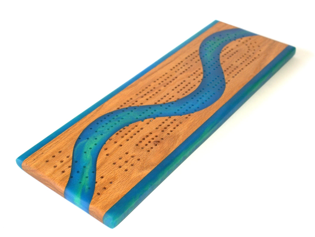 Mahogany Wood Cribbage Board with Blue and Green Epoxy - 15" x 5"
