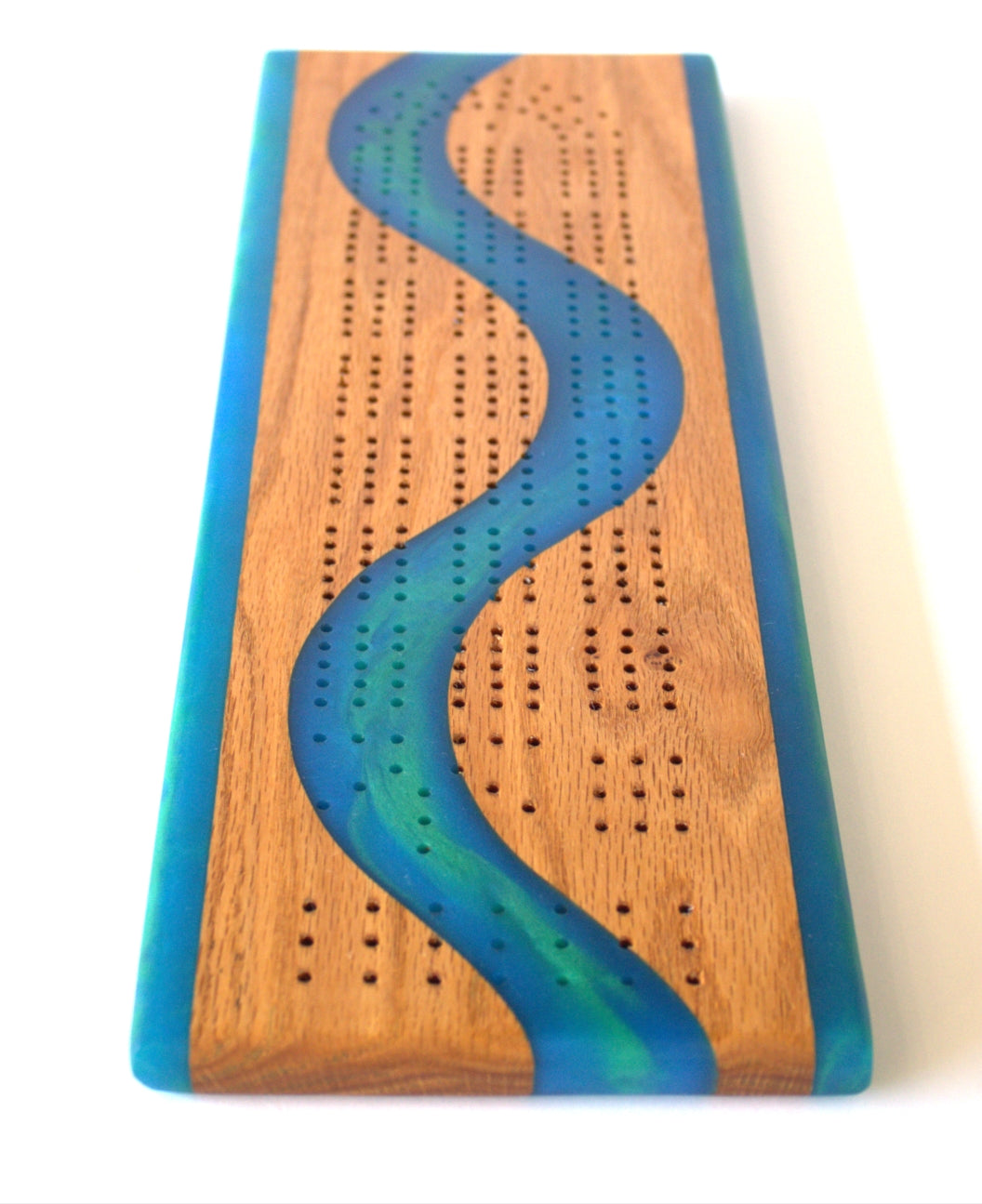 Mahogany Wood Cribbage Board with Blue and Green Epoxy - 15" x 5"
