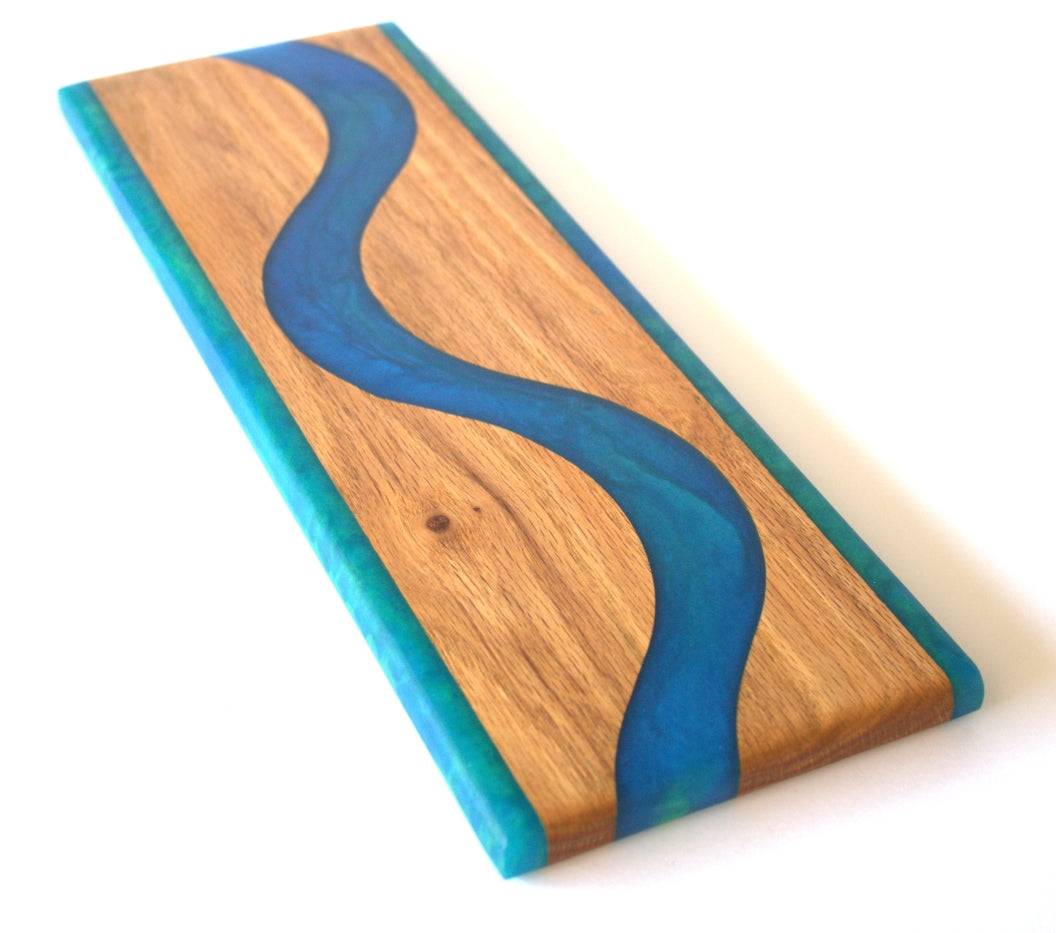 Mahogany Wood Cribbage Board with Blue and Green Epoxy - 15" x 5"