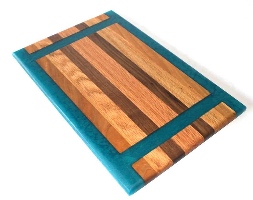 Chop Block Charcuterie/Serving/Cutting Board with Pacific Turquoise Epoxy - 12" x 8"