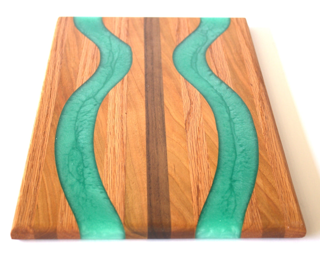 Chop Block Charcuterie/Serving Board with Turquoise Stone Epoxy - 13 x 9"