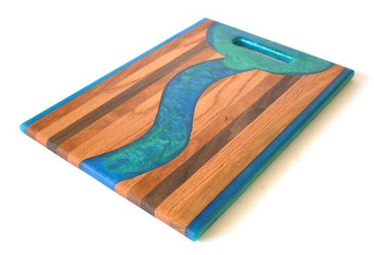 Chop Block Charcuterie/Serving Board with Blue and Green Epoxy - 14"x x10" w/ handle
