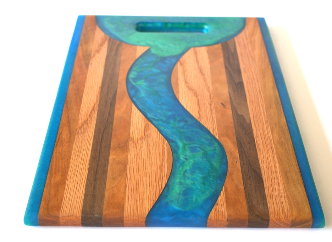 Chop Block Charcuterie/Serving Board with Blue and Green Epoxy - 14"x x10" w/ handle