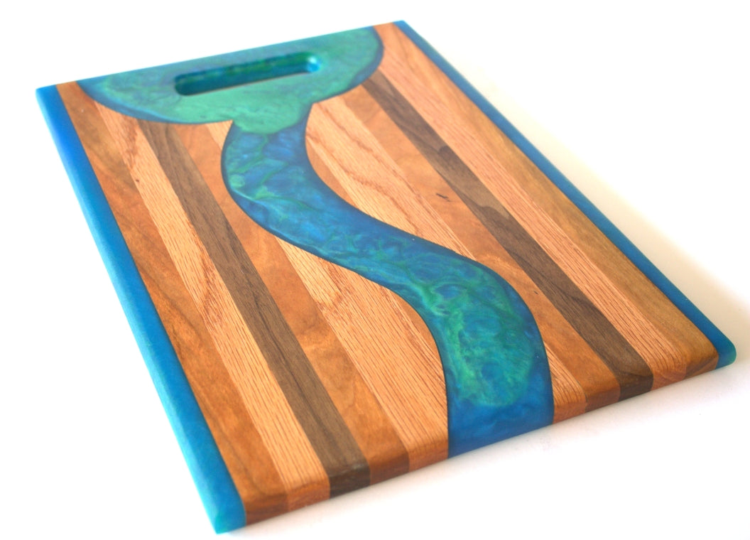 Chop Block Charcuterie/Serving Board with Blue and Green Epoxy - 14"x x10" w/ handle