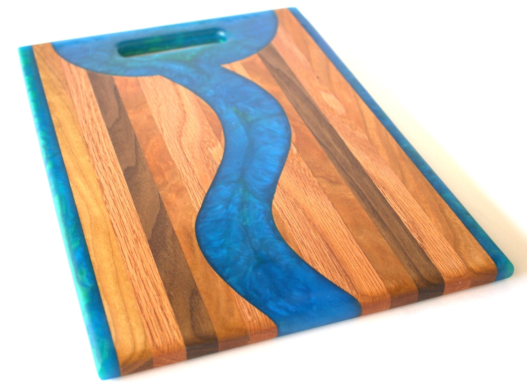 Chop Block Charcuterie/Serving Board with Blue and Green Epoxy - 14"x x10" w/ handle