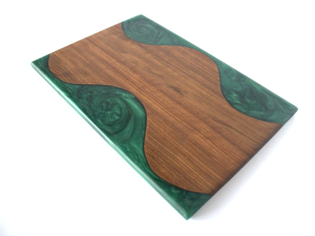 Walnut Wood Charcuterie/Serving/Cutting Board with Dark Green Epoxy - 15" x 10"