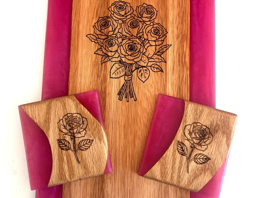 Fuchsia Rose Collection – Red Grandis Charcuterie Board with Bouquet Engraving & Matching Coasters