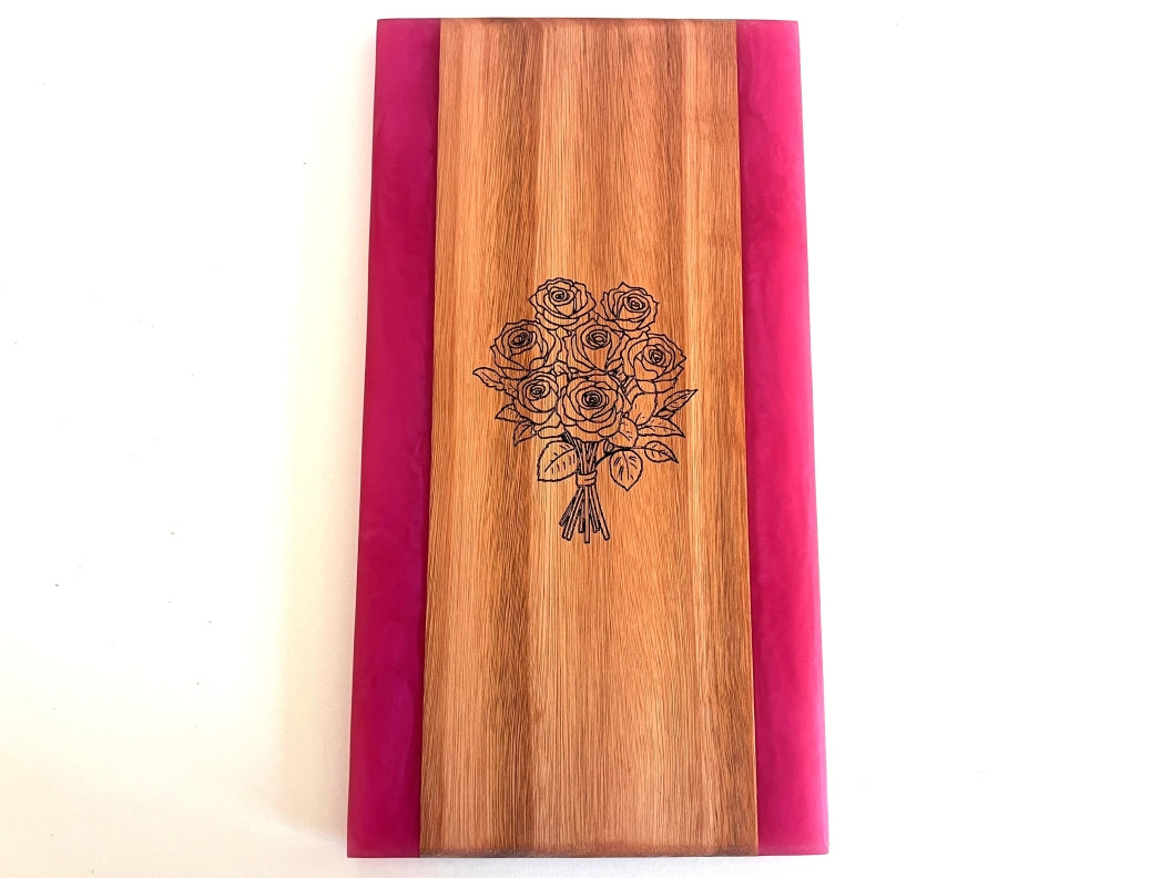 Fuchsia Rose Collection – Red Grandis Charcuterie Board with Bouquet Engraving & Matching Coasters