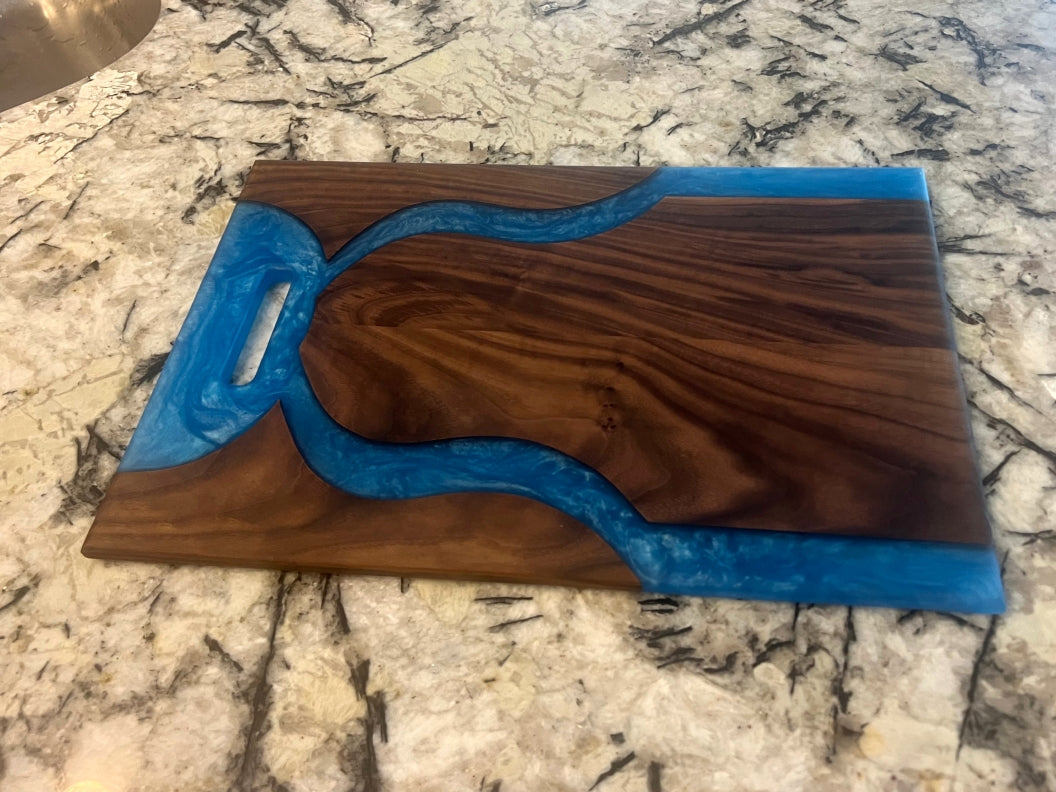 Walnut Wood Charcuterie/Serving/Cutting Board with Pacific Blue Epoxy - 18" x 12"