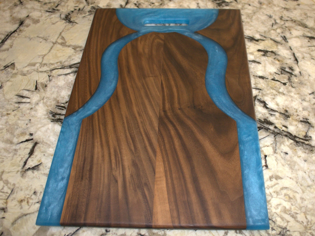 Walnut Wood Charcuterie/Serving/Cutting Board with Pacific Blue Epoxy - 18" x 12"