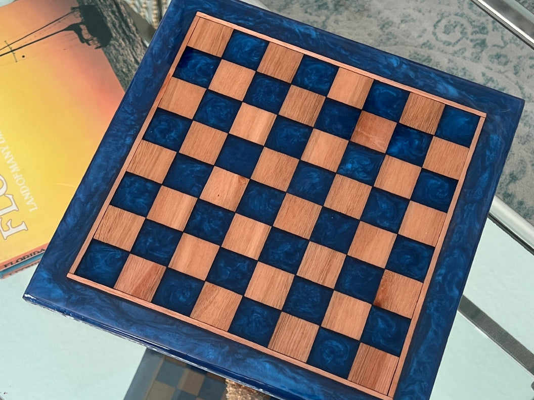 Red Grandis Wood with Blue Universe Epoxy Chess Board - 13"x 13"