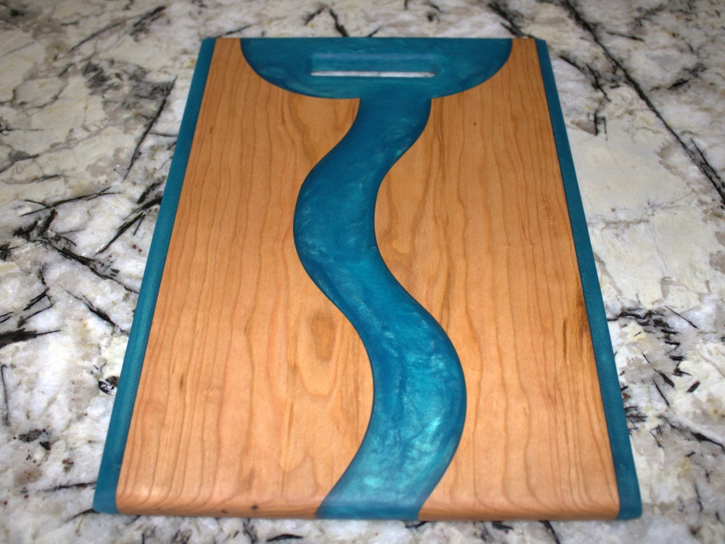 Cherry Wood Charcuterie/Serving/Cutting Board with Pacific Turquoise Epoxy - 14" x 10" w/handle