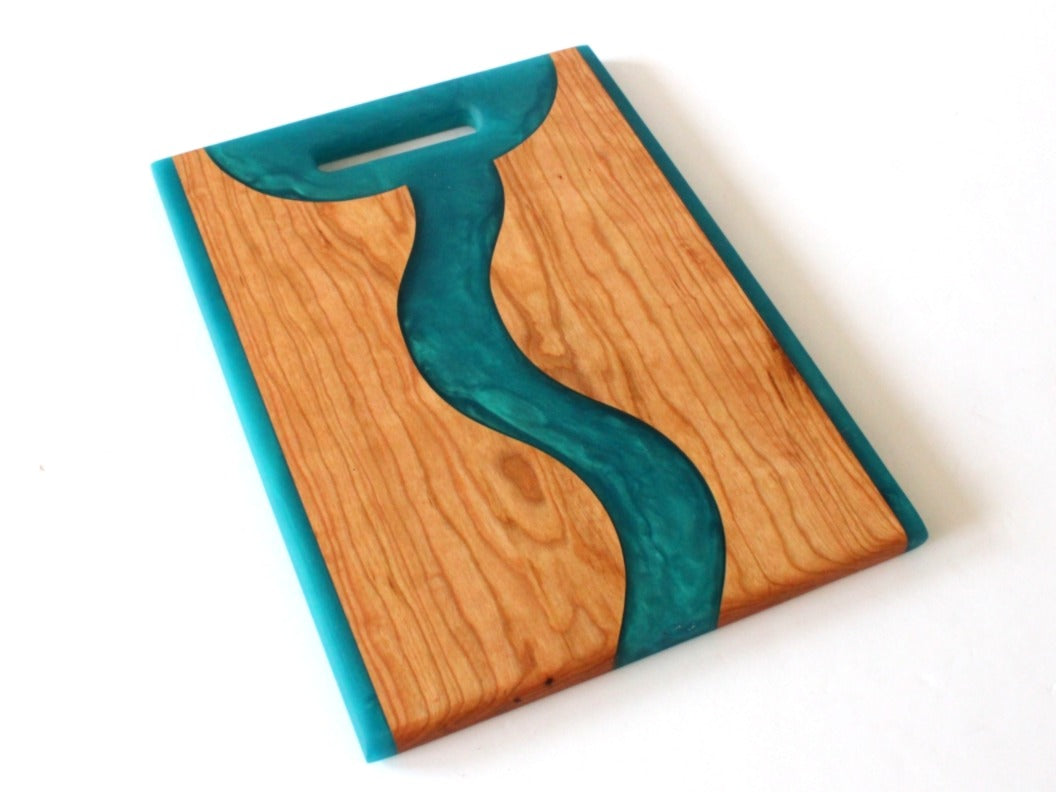 Cherry Wood Charcuterie/Serving/Cutting Board with Pacific Turquoise Epoxy - 14" x 10" w/handle