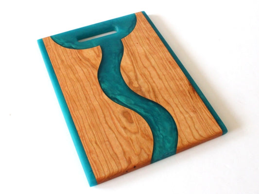 Cherry Wood Charcuterie/Serving/Cutting Board with Pacific Turquoise Epoxy - 14" x 10" w/handle
