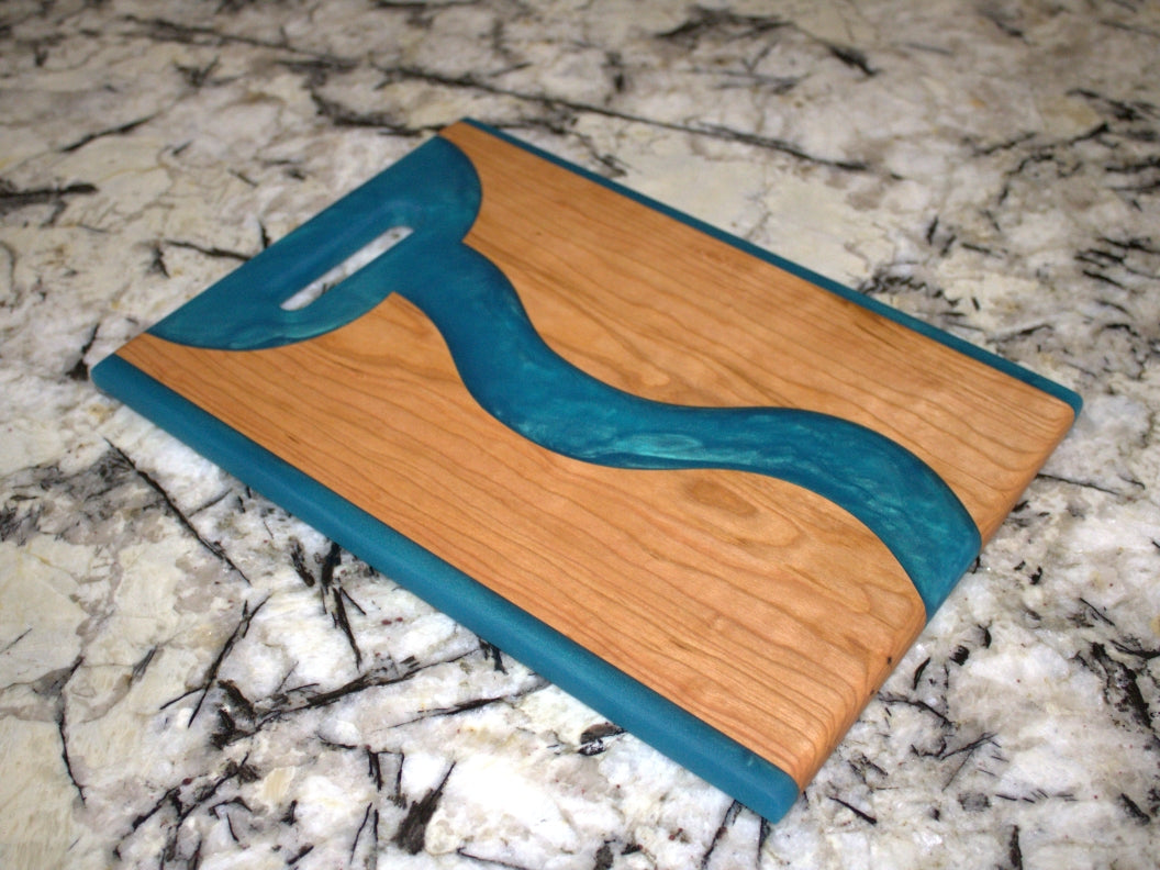 Cherry Wood Charcuterie/Serving/Cutting Board with Pacific Turquoise Epoxy - 14" x 10" w/handle