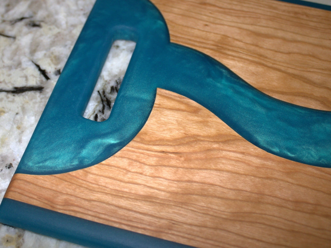 Cherry Wood Charcuterie/Serving/Cutting Board with Pacific Turquoise Epoxy - 14" x 10" w/handle