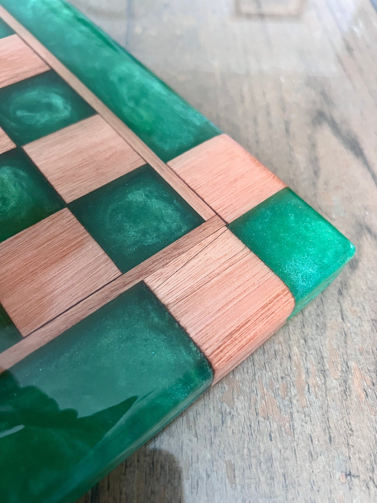 Red Grandis Wood with Turquoise Green Epoxy Chess Board  – 13" x 13"