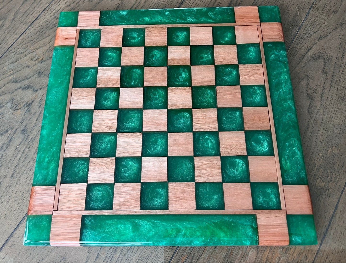 Red Grandis Wood with Turquoise Green Epoxy Chess Board  – 13" x 13"