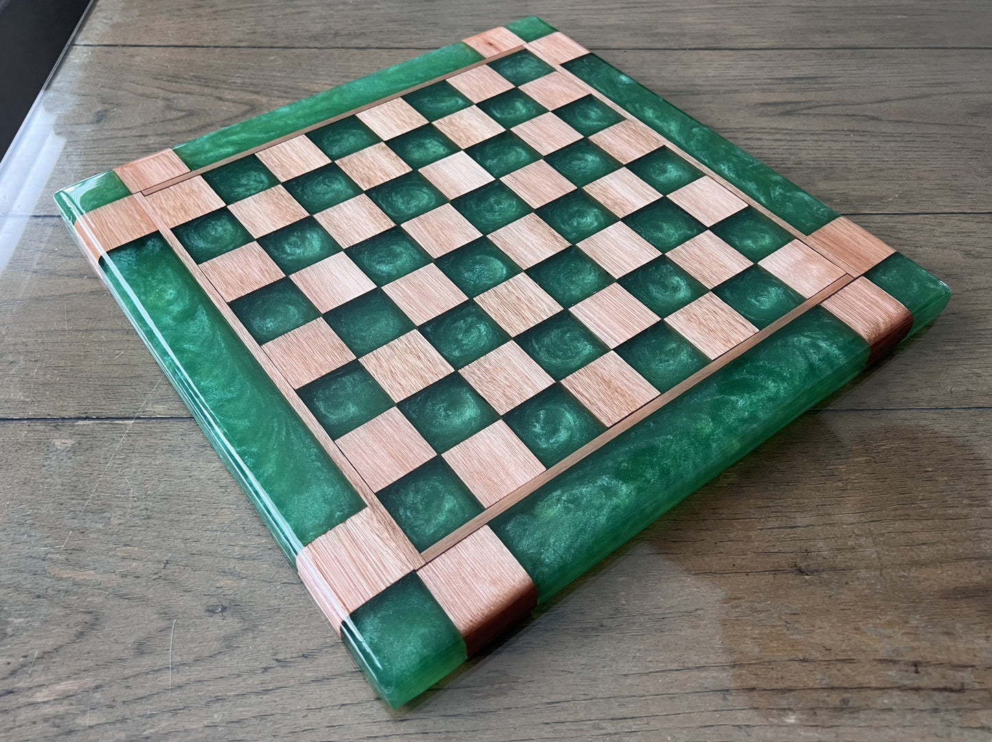 Red Grandis Wood with Turquoise Green Epoxy Chess Board  – 13" x 13"