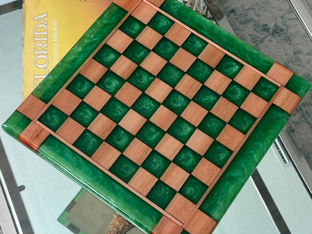 Red Grandis Wood with Turquoise Green Epoxy Chess Board  – 13" x 13"
