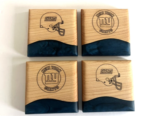 Hard Maple Wood Coasters with NY Giants Logo and Blue Universe Epoxy - 4 piece set - 3 5/8" x 3 5/8"