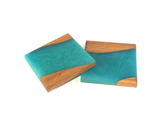 Red Oak Wood River Coasters with Turquoise Stone and Blue Umbrella Epoxy - 2 piece set - 3 5/8" x 3 5/8"