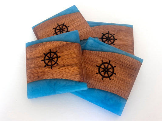 Red Oak Inverse Wood Coasters with Ahoy Blue Epoxy - 4 piece set - 3 5/8 x 3 5/8