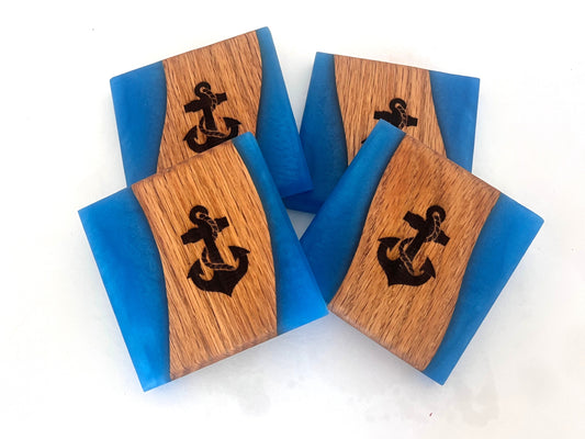 Mahogany Inverse Wood River Coasters with Sky Blue Epoxy - 4 piece set - 3 5/8 x 3 5/8