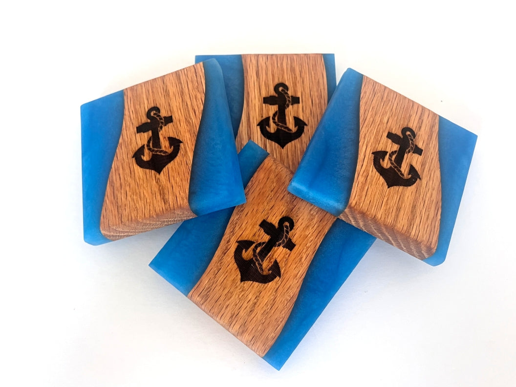 Mahogany Inverse Wood River Coasters with Sky Blue Epoxy - 4 piece set - 3 5/8 x 3 5/8