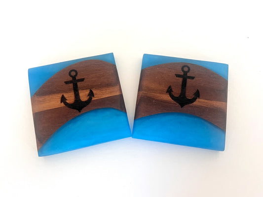 Walnut Wood Coasters with Pacific Blue Epoxy - 2 piece set - 3 5/8" x 3 5/8" - 2 piece set