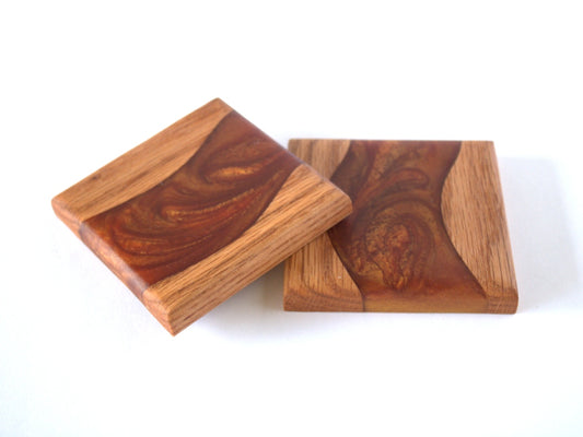 Red Oak Wood River Coasters with Dead Red & Gold Umbrella Epoxy - 2 piece set - 3 5/8" x 3 5/8"