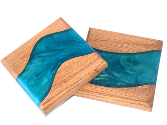 Red Oak Wood River Coasters with Pacific Turquoise Epoxy - 2 piece set - 3 5/8" x 3 5/8"