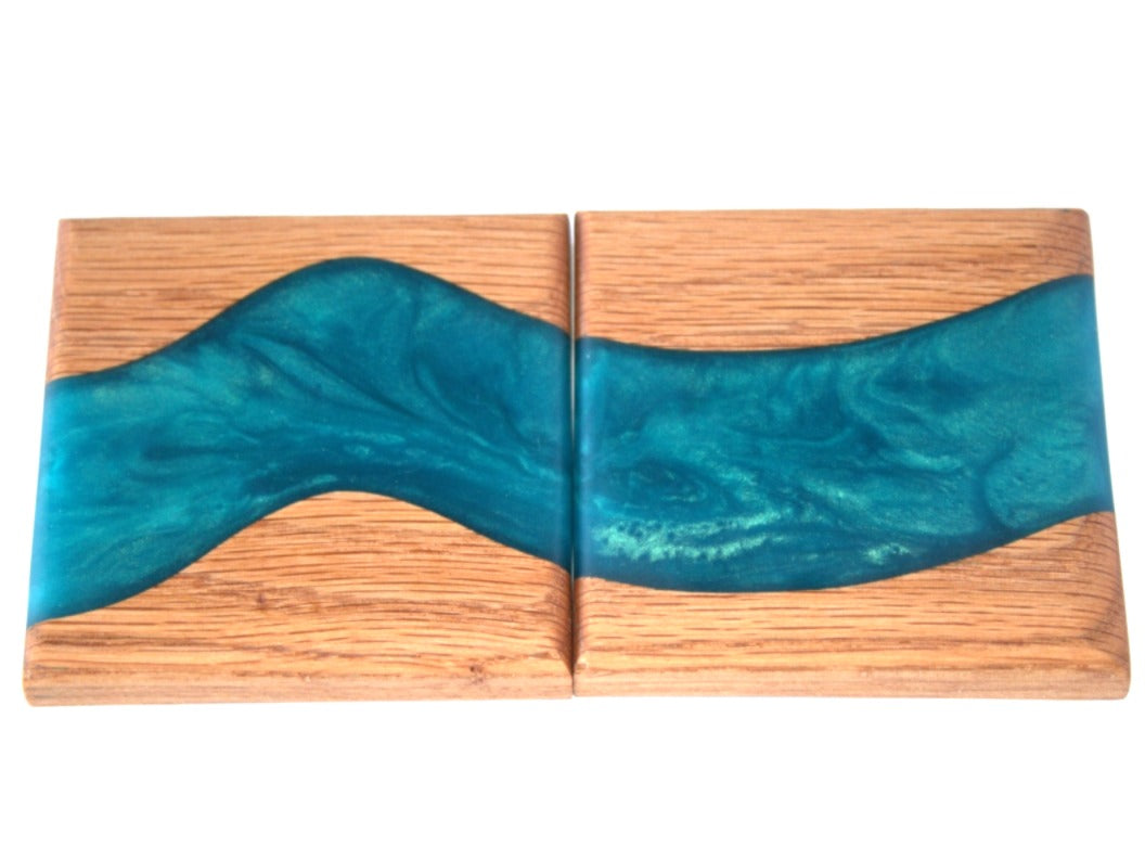 Red Oak Wood River Coasters with Pacific Turquoise Epoxy - 2 piece set - 3 5/8" x 3 5/8"