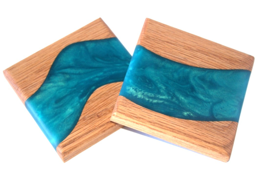 Red Oak Wood River Coasters with Pacific Turquoise Epoxy - 2 piece set - 3 5/8" x 3 5/8"