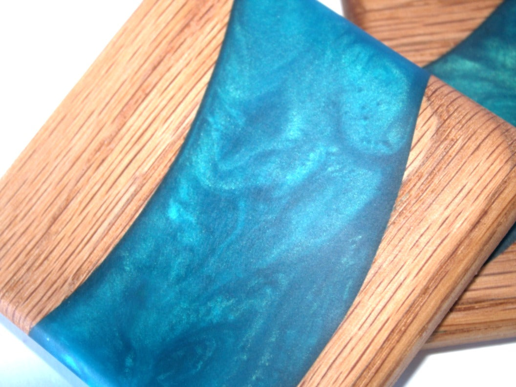 Red Oak Wood River Coasters with Pacific Turquoise Epoxy - 2 piece set - 3 5/8" x 3 5/8"