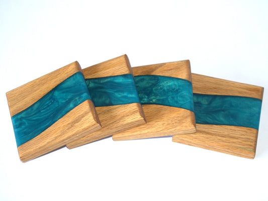 Mahogany Wood River Coasters with Pacific Turquoise Epoxy - 4 piece set - 3 5/8" x 3 5/8"