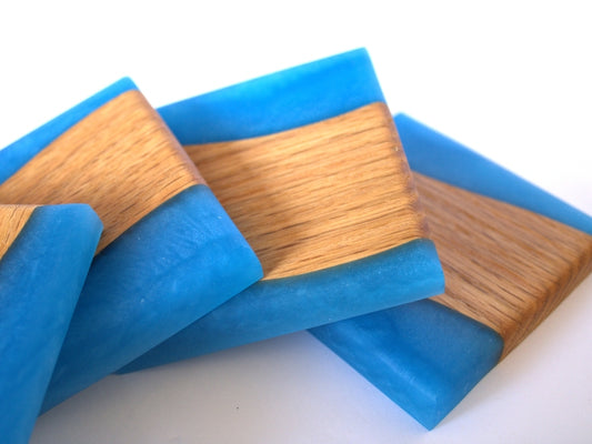 Mahogany Inverse Wood River Coasters with Sky Blue Epoxy - 4 piece set - 3 5/8 x 3 5/8